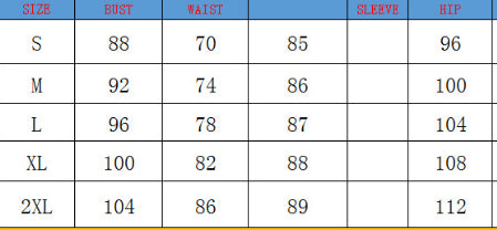 Size chart showing bust, waist, sleeve, and hip measurements in centimeters for sizes S to 2XL. Small: 88-70-85-96, Medium: 92-74-86-100, Large: 96-78-87-104, XL: 100-82-88-108, 2XL: 104-86-89-112.