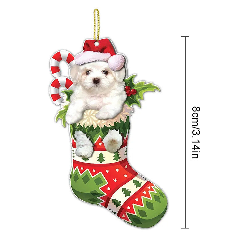 A fluffy white puppy in a Santa hat peeks from a festive Christmas stocking decorated with trees and geometric patterns, accompanied by candy canes and holly.