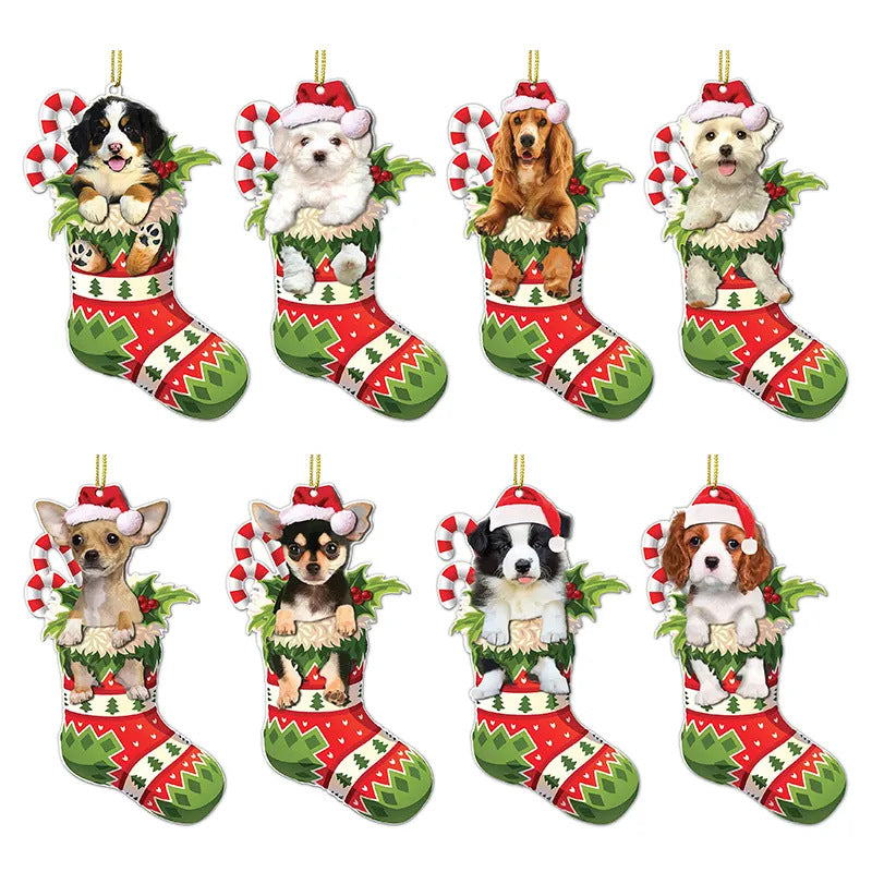 Eight Christmas ornaments featuring various dog breeds wearing Santa hats, each nestled in a festive red and green stocking adorned with candy canes and holly.