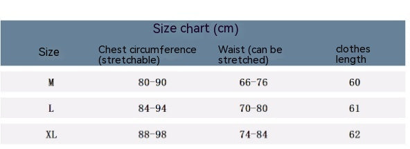 Size chart in cm for M, L, XL. M: chest 80-90, waist 66-76, length 60. L: chest 84-94, waist 70-80, length 61. XL: chest 88-98, waist 74-84, length 62.
