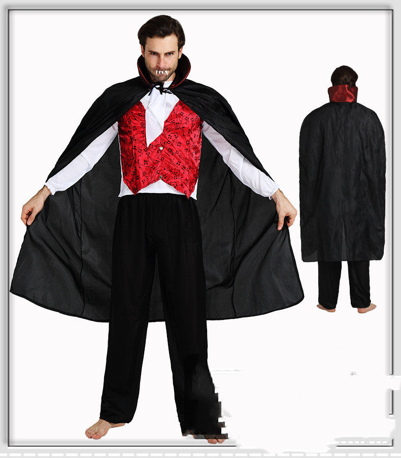Man in a vampire costume with a red vest, white shirt, black cape, and fangs, facing forward with arms outstretched. Back view shows cape and red collar. White background.