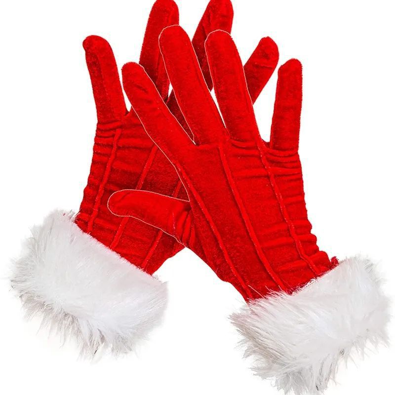 Red velvet gloves with white faux fur cuffs, resembling Santa's style, are positioned crossed against a white background.