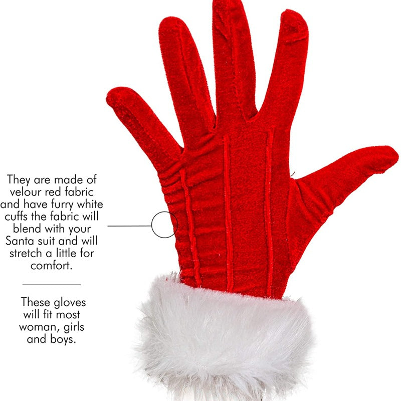 Red velour Santa glove with white furry cuff, designed to blend with a Santa suit. Text describes stretchy fabric and size fit for women, girls, and boys.