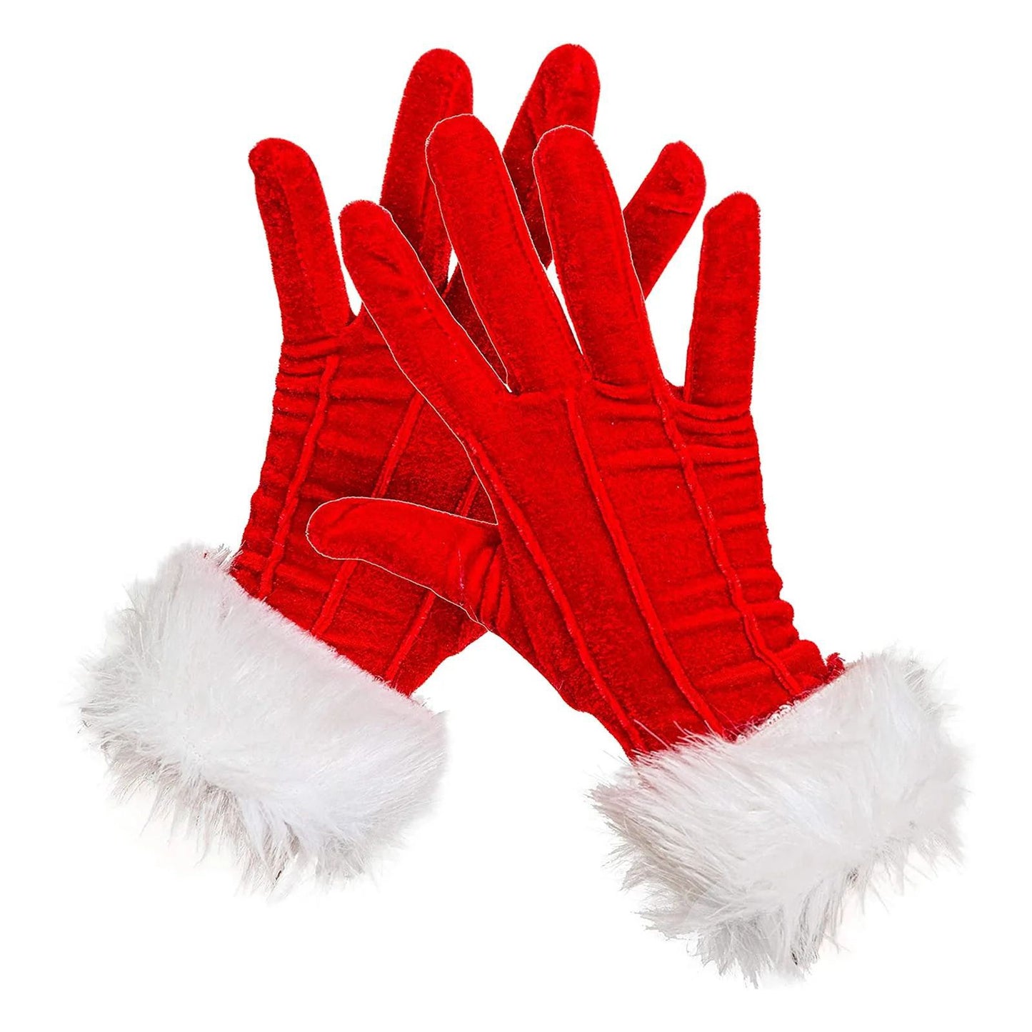 Red gloves with white faux fur cuffs, designed for a festive or holiday theme. The gloves have a textured, plush appearance and are positioned overlapping each other.