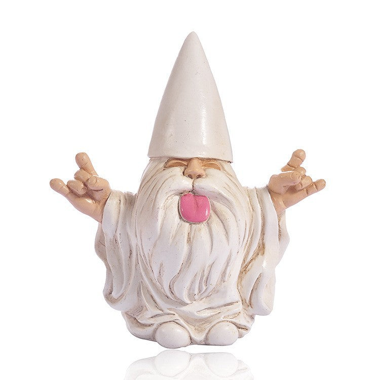 Figurine of a whimsical wizard with a long white beard and tall hat, sticking out its tongue and making a playful hand gesture with both hands.