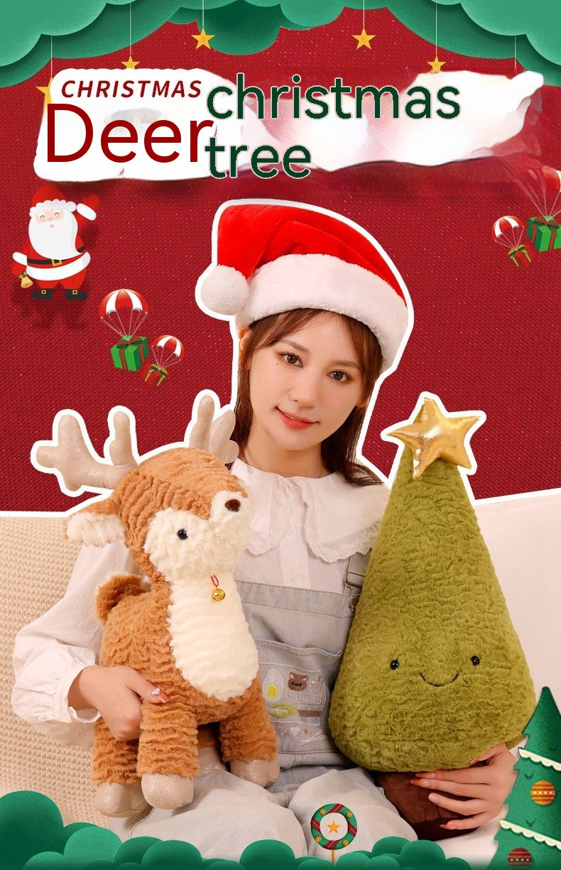 Young woman in Santa hat holding a plush reindeer and tree, surrounded by Christmas-themed illustrations like Santa, gifts, and candy canes on a festive red background.