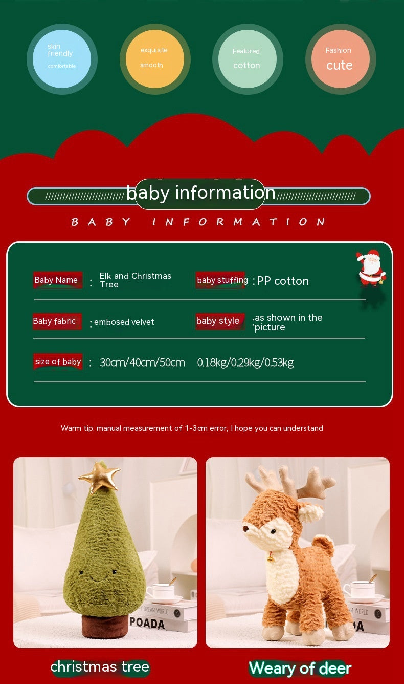 Toy description featuring an elk and Christmas tree made of velvet with PP cotton stuffing. Sizes: 30/40/50 cm and weights: 0.18/0.29/0.53 kg. Images of toys included.
