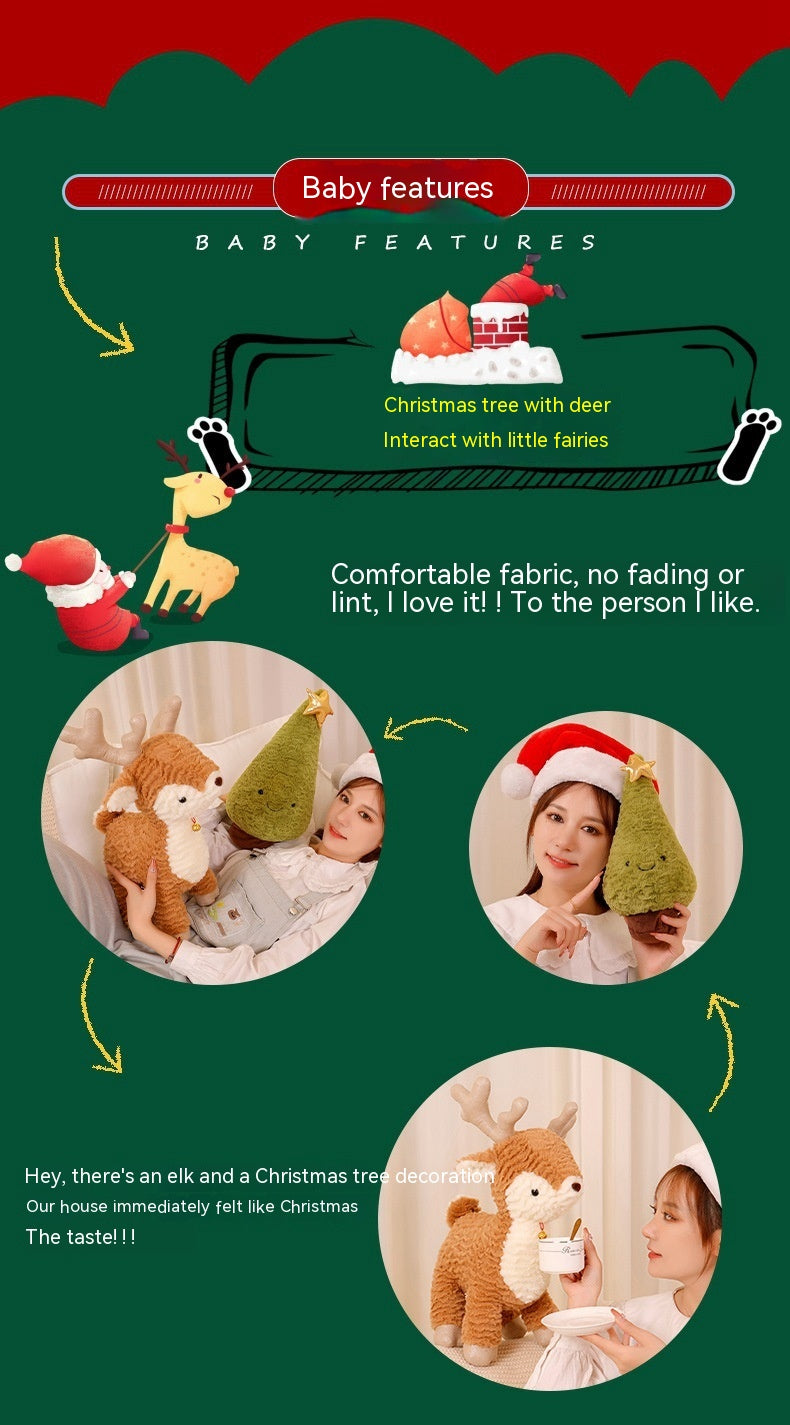 Christmas-themed image with plush toys of a deer and tree. A person in a Santa hat is holding the tree and interacting with the deer. Text highlights the festive vibe.