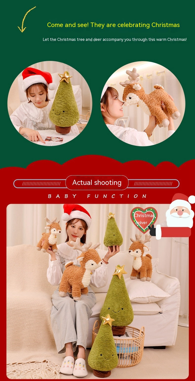 Woman in Santa hat with plush Christmas tree and reindeer toys, sitting on couch. Green background with festive text and Santa graphic. Cozy holiday scene.