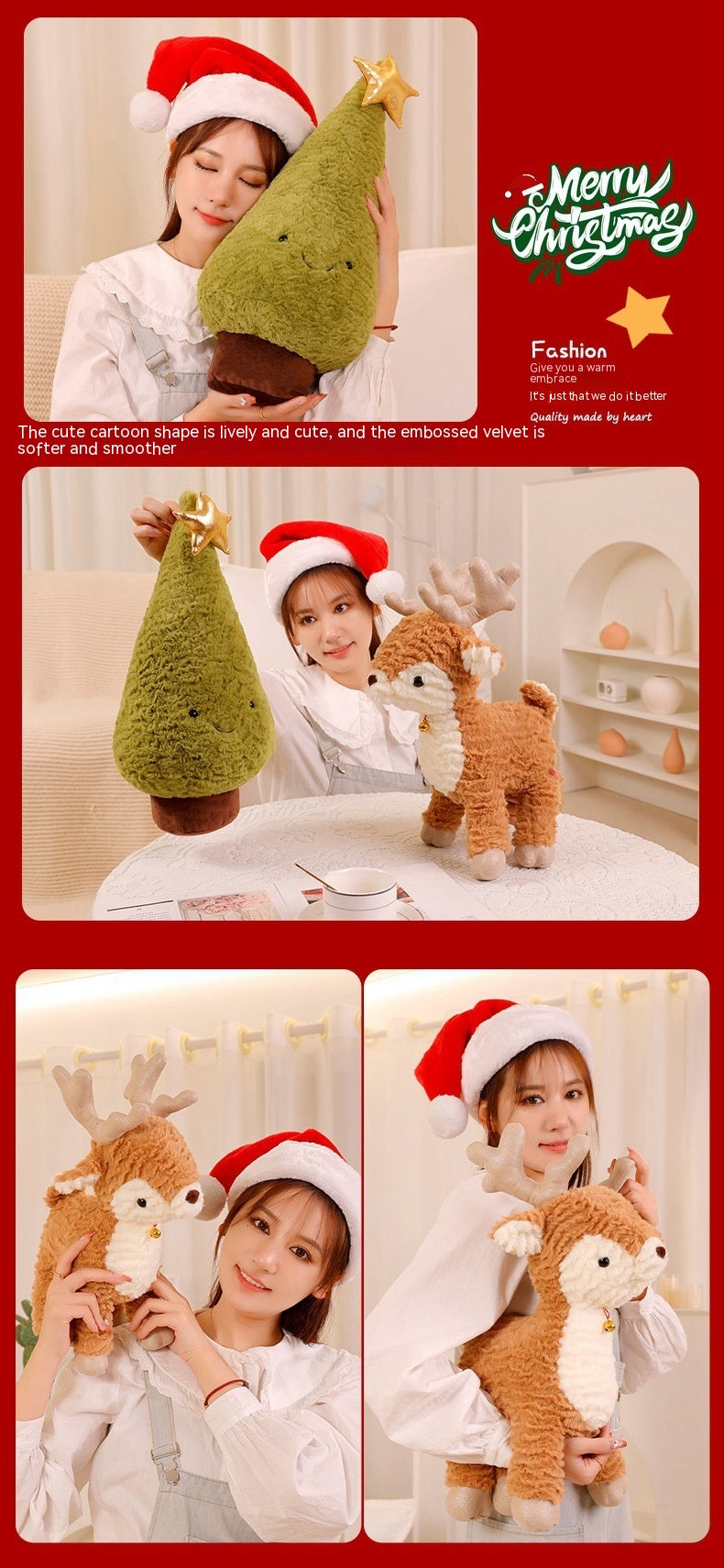 A woman in a Santa hat hugs a green plush Christmas tree with a gold star and a plush reindeer toy. The setting is festive, with a Merry Christmas graphic.