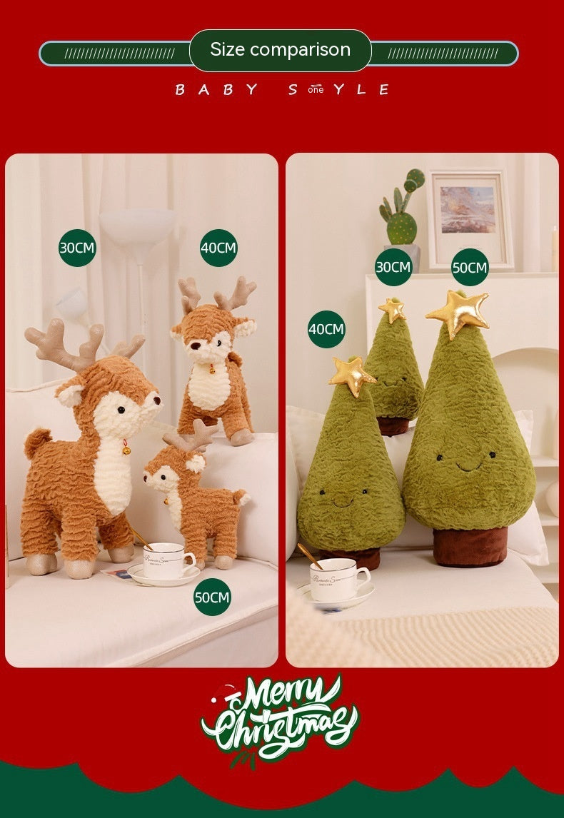 Christmas plush toys include three reindeer and three Christmas trees of varying sizes with dimensions labeled: 30cm, 40cm, and 50cm. "Merry Christmas" text below.
