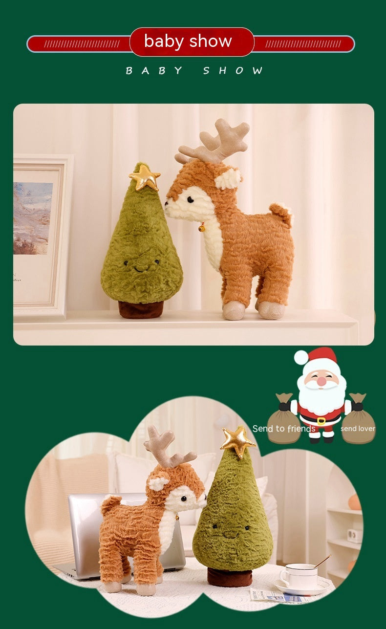 Plush reindeer and green Christmas tree with a star sit decoratively on a shelf and table. Festive setting with Santa illustration, gift suggestion text in the corner.
