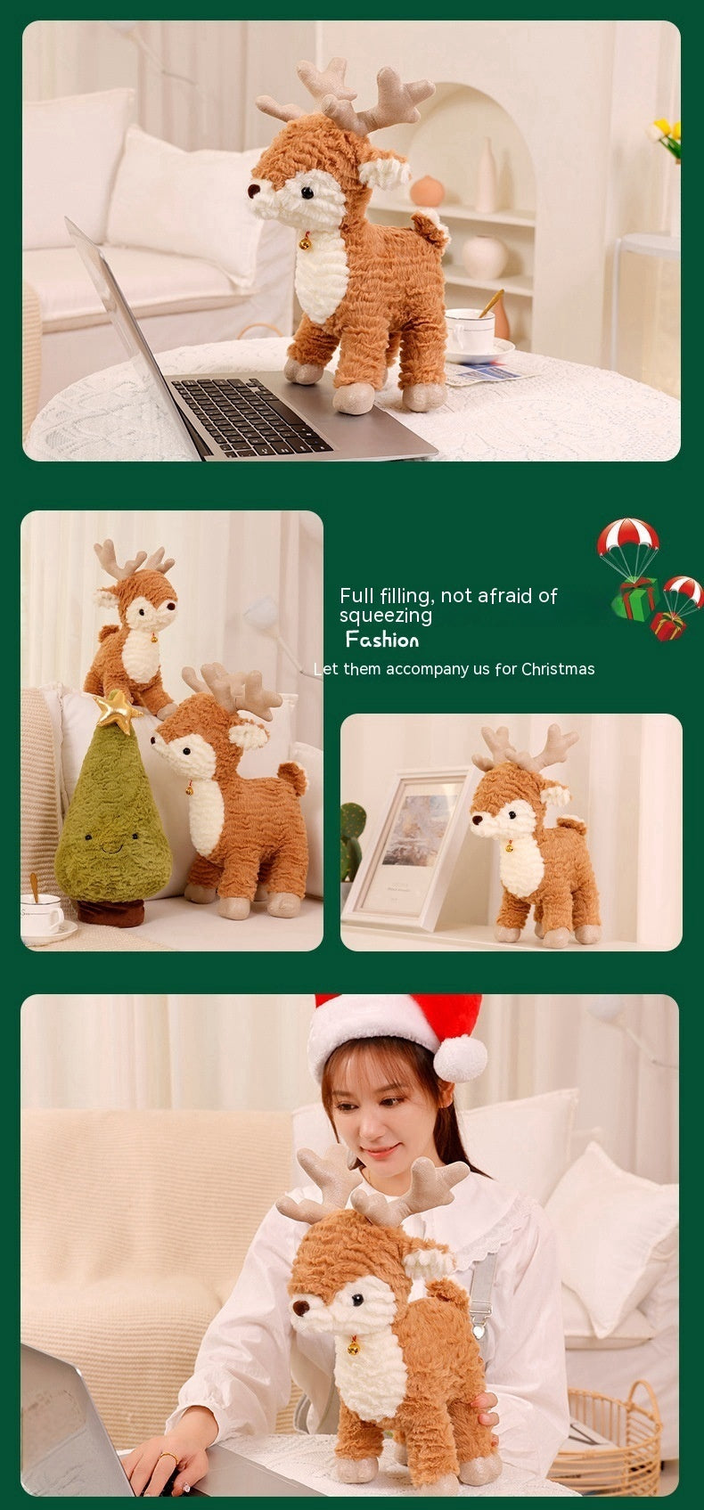 A series of images featuring a fluffy plush reindeer and a decorative tree. A woman in a Santa hat is seen with the reindeer, suggesting a Christmas theme.