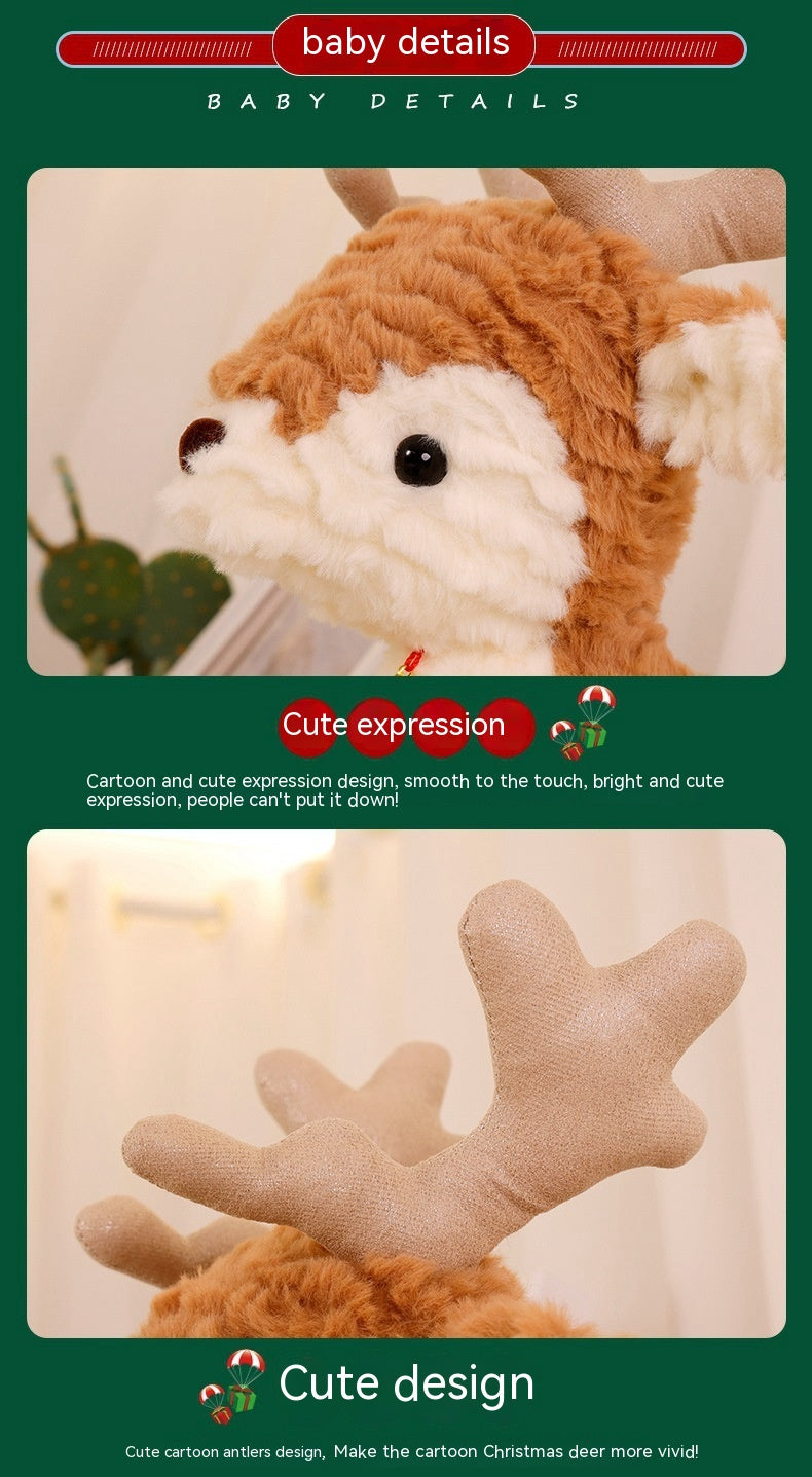 Close-up images of a plush reindeer toy with soft brown fur, large black eyes, and light brown antlers. Text highlights cute design and expression, perfect for a Christmas theme.