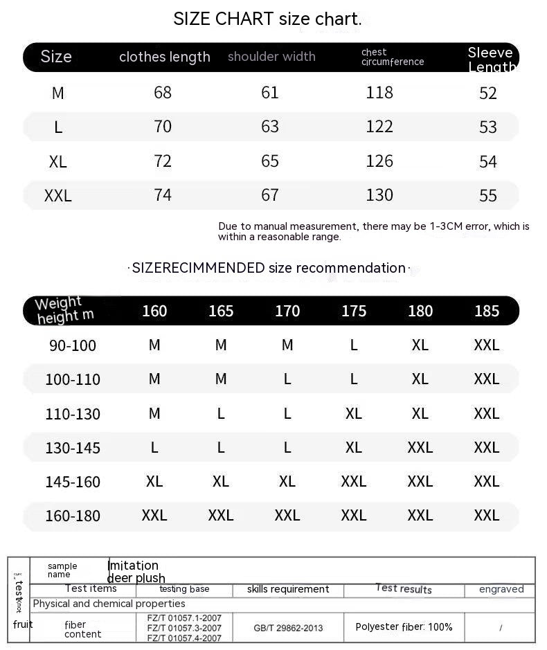 Clothing size chart showing measurements for M to XXL, including length, shoulder width, chest circumference, and sleeve length. Recommendations provided based on weight and height.