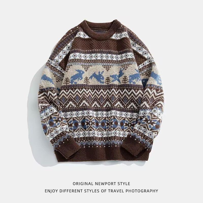 Brown and cream knitted sweater featuring blue animal designs and intricate geometric patterns. Text below reads "Original Newport Style" and "Enjoy Different Styles of Travel Photography."