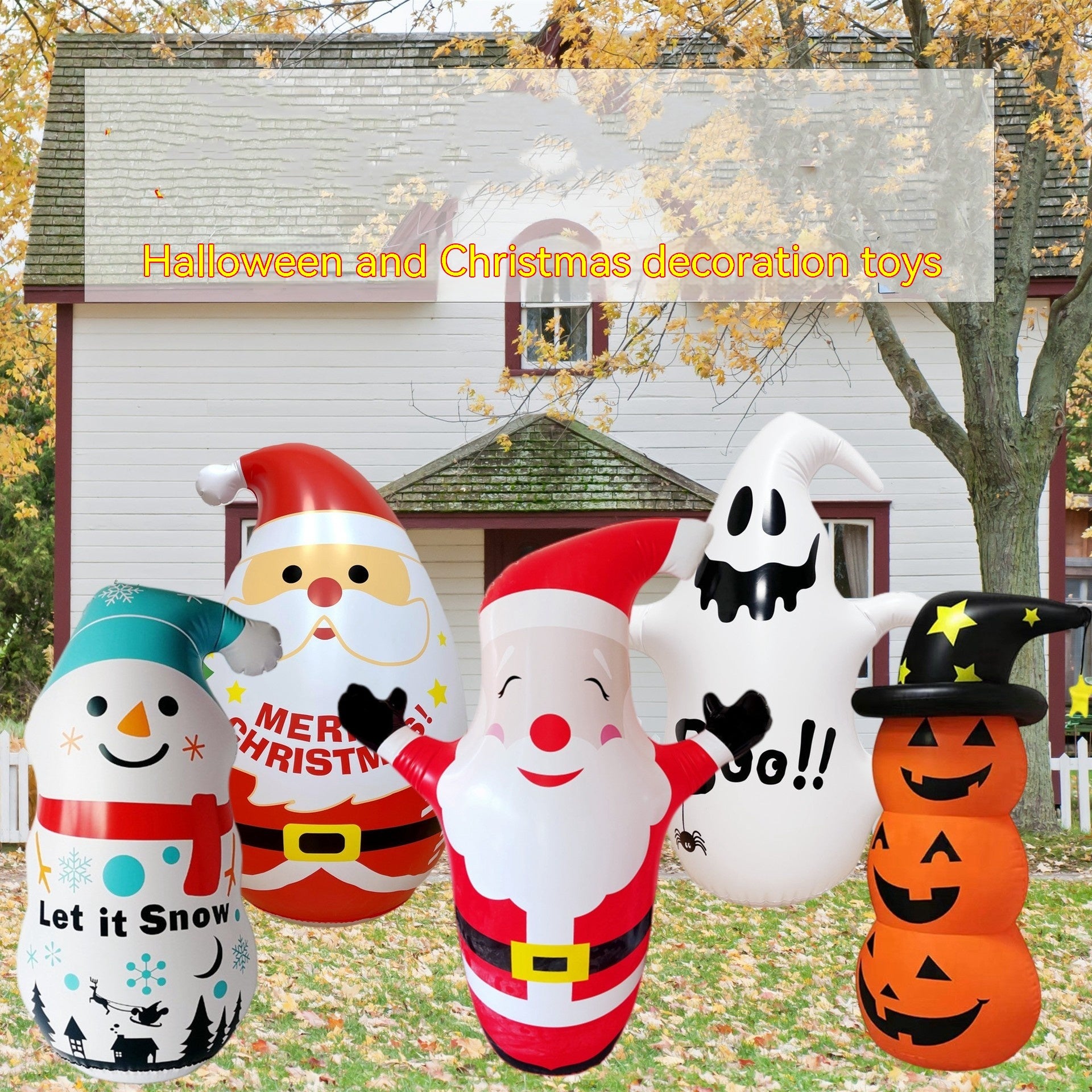 Inflatable Christmas and Halloween decorations, including Santas, a snowman, a ghost, and pumpkins in front of a house with autumn leaves.
