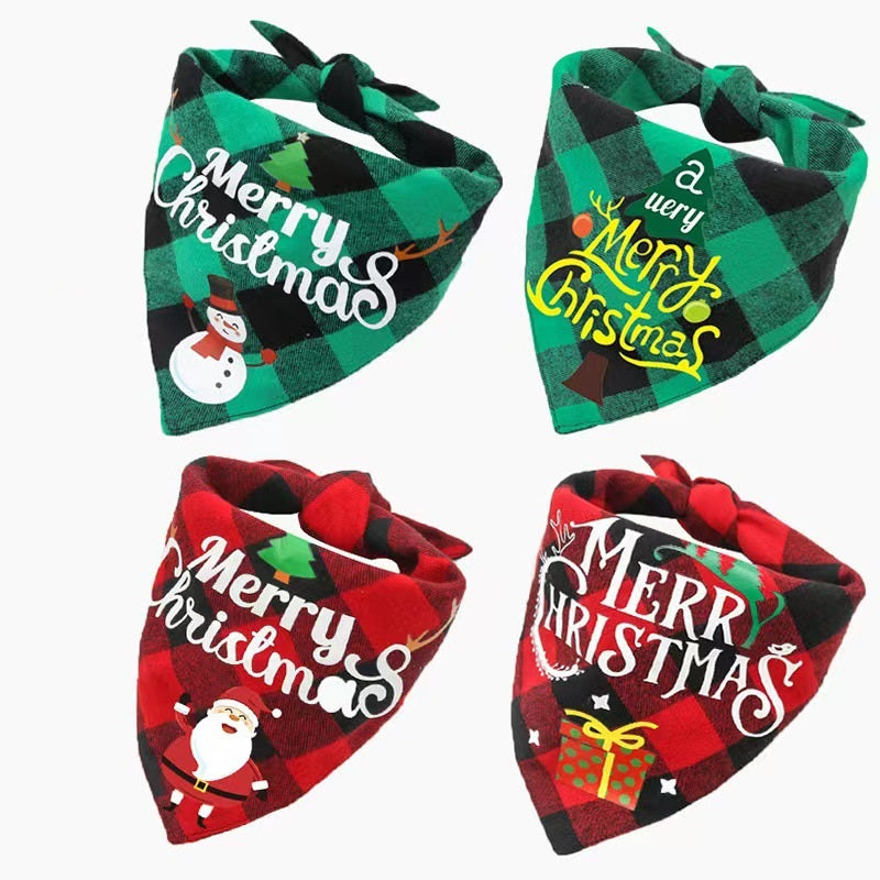 Four Christmas-themed checkered bandanas with "Merry Christmas" text. Two are green with snowman and tree designs, and two are red with Santa and gift illustrations.