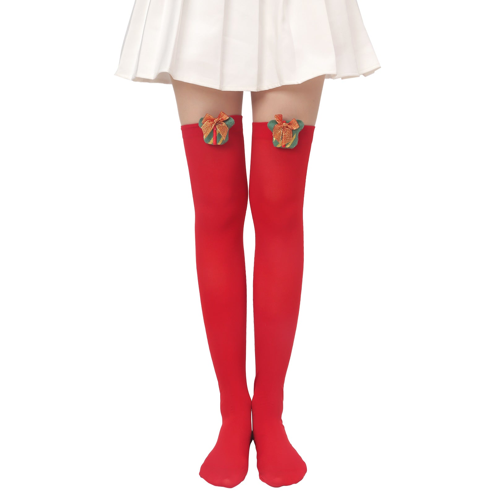 Woman in a white skirt wearing red thigh-high socks with festive bow details, standing against a plain white background.