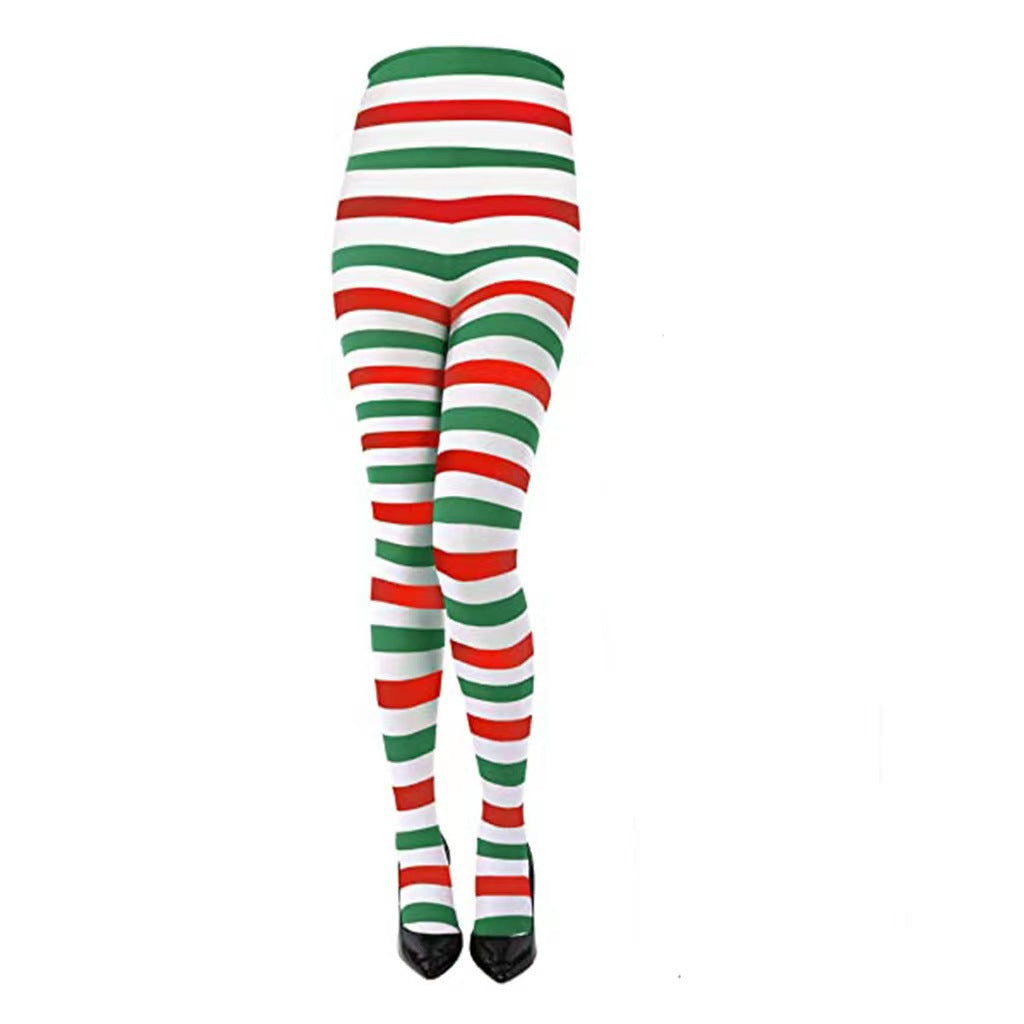 Colorful striped leggings in red, white, and green with high waist, paired with black high heels, set against a plain white background.
