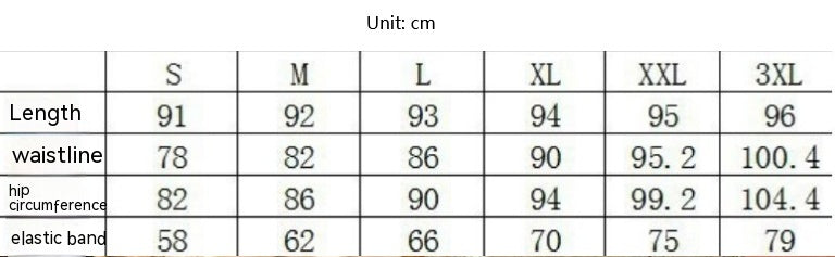 Size chart in cm for pants in sizes S to 3XL. Length: 91-96, waistline: 78-100.4, hip circumference: 82-104.4, elastic band: 58-79.