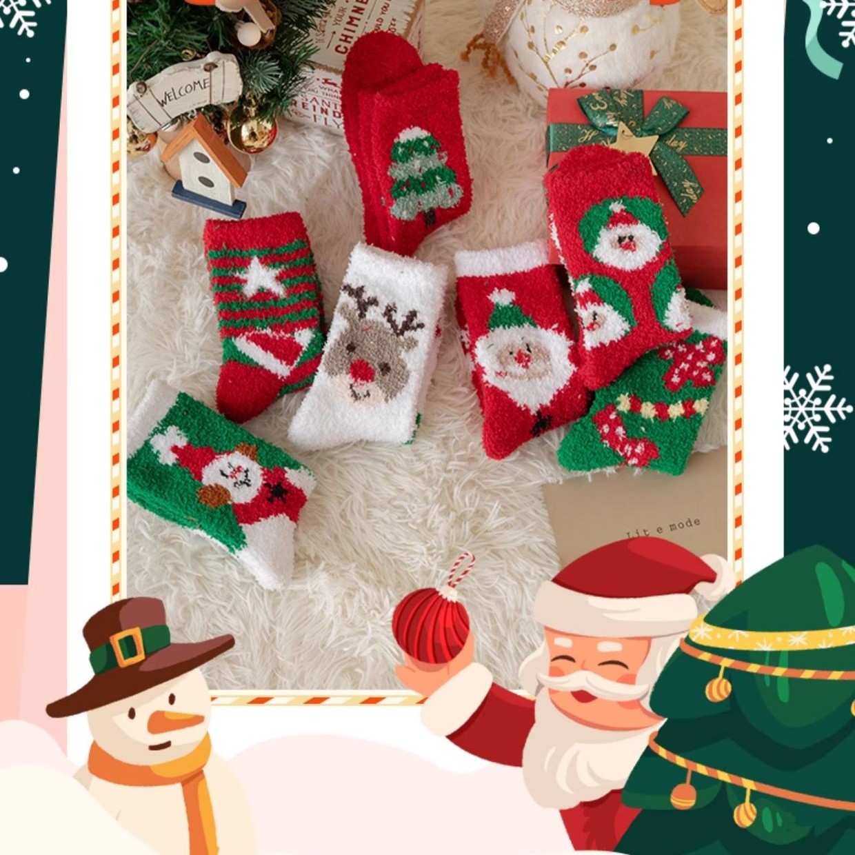 A collection of festive socks with Christmas designs, including Santa, a reindeer, and a snowman, placed on a fluffy white surface. Decorated background with Santa and a snowman.