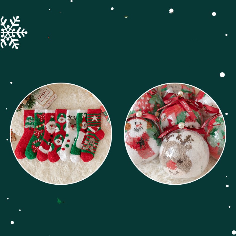 Festive scene with colorful Christmas stockings and holiday ornaments featuring snowman and reindeer designs, set against a dark green background with snowflakes.