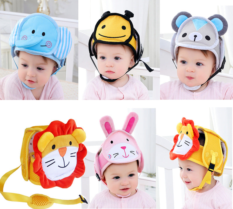 Babies wearing cute animal-themed protective hats: blue elephant, yellow bee, gray bear, and pink rabbit. A lion-themed backpack is also shown. All babies wear pink outfits.