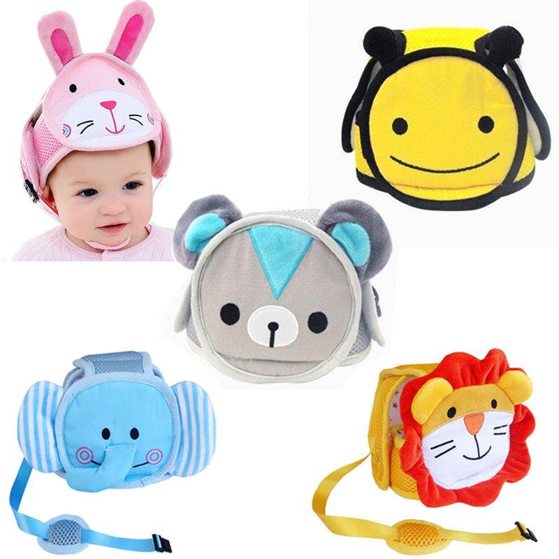 A baby wearing a pink bunny helmet with four animal-themed backpack cushions: a bee, bear, elephant, and lion, each designed for toddler safety and fun.