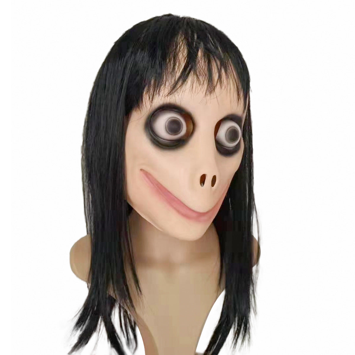Creepy mask with exaggerated wide eyes, long black hair, small nose, and a wide smile. The design is unsettling, with dark shadows around the eyes, against a white background.
