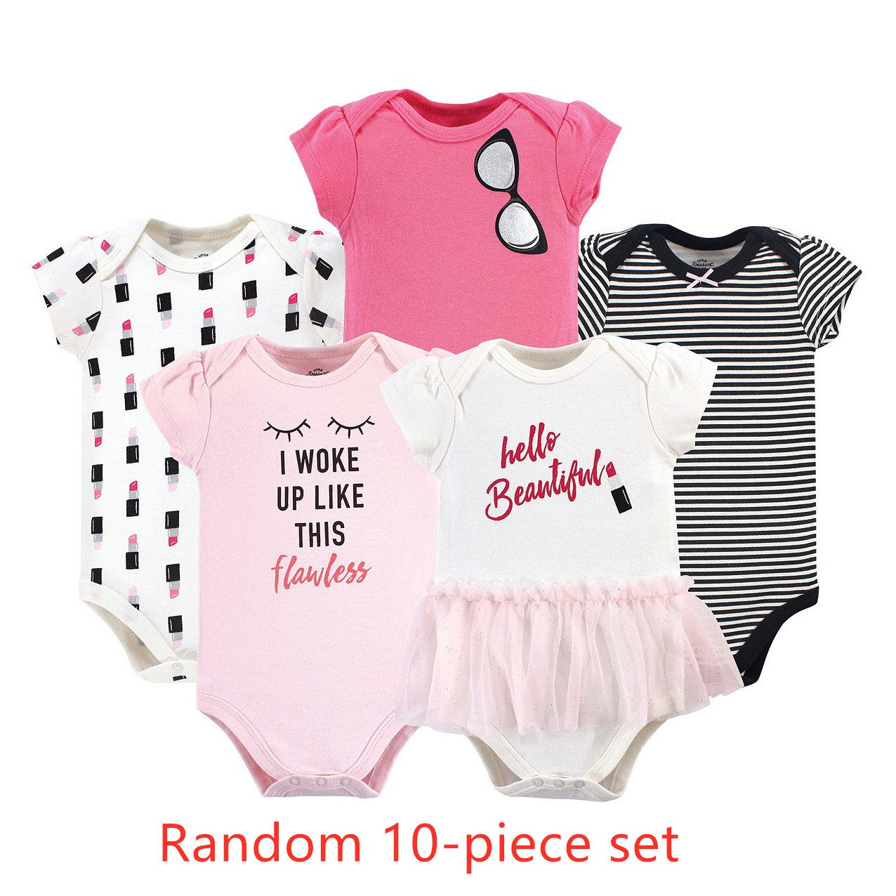 Five baby onesies with various designs: lipstick print, glasses graphic, stripes, "I woke up like this," and "hello Beautiful" with a tutu. Text: "Random 10-piece set."