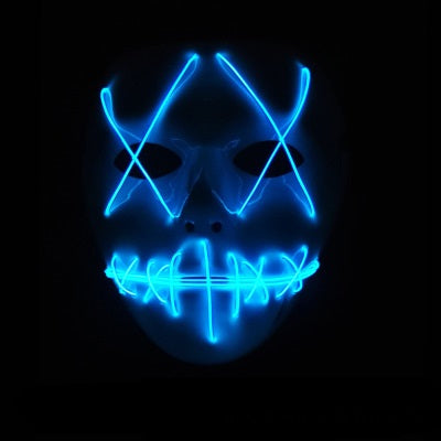 Glowing blue LED mask with stitched mouth and X-shaped eyes on a black background, giving an eerie appearance.