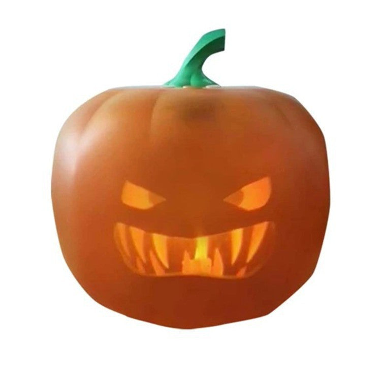 A carved pumpkin with a menacing face, featuring glowing eyes and a sharp-toothed grin. A small green stem is visible on top.