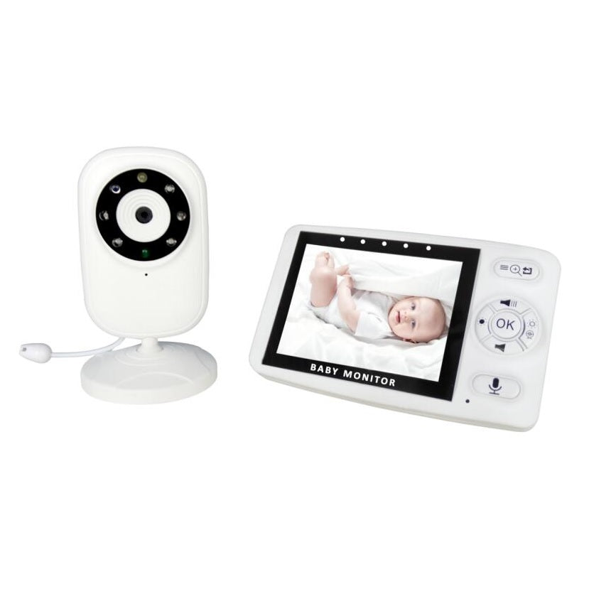 White baby monitor set with a camera and handheld screen. The screen shows a baby lying in a crib. The handheld device has control buttons on the right side.