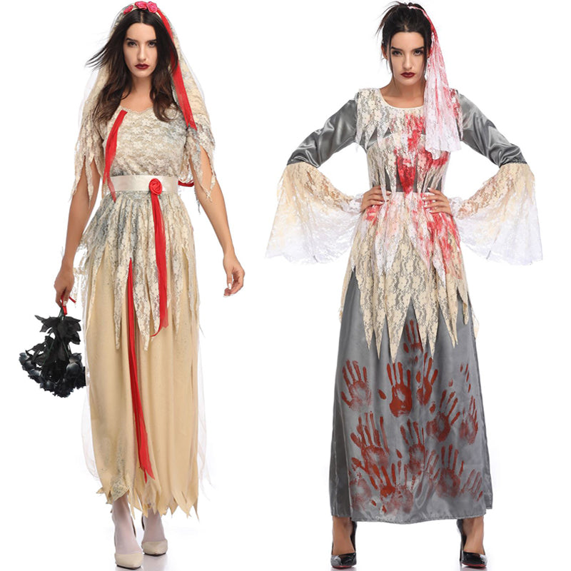 Two women wearing Halloween costumes. The first in a cream lace dress with red accents, holding black flowers. The second in a gray gown with lace and red handprints, both with red veils.