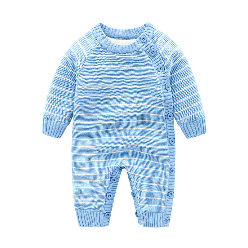 Blue and white striped baby romper with long sleeves. Features a side row of blue buttons from neckline to leg opening for easy wear. Ribbed cuffs and round neckline for comfort.