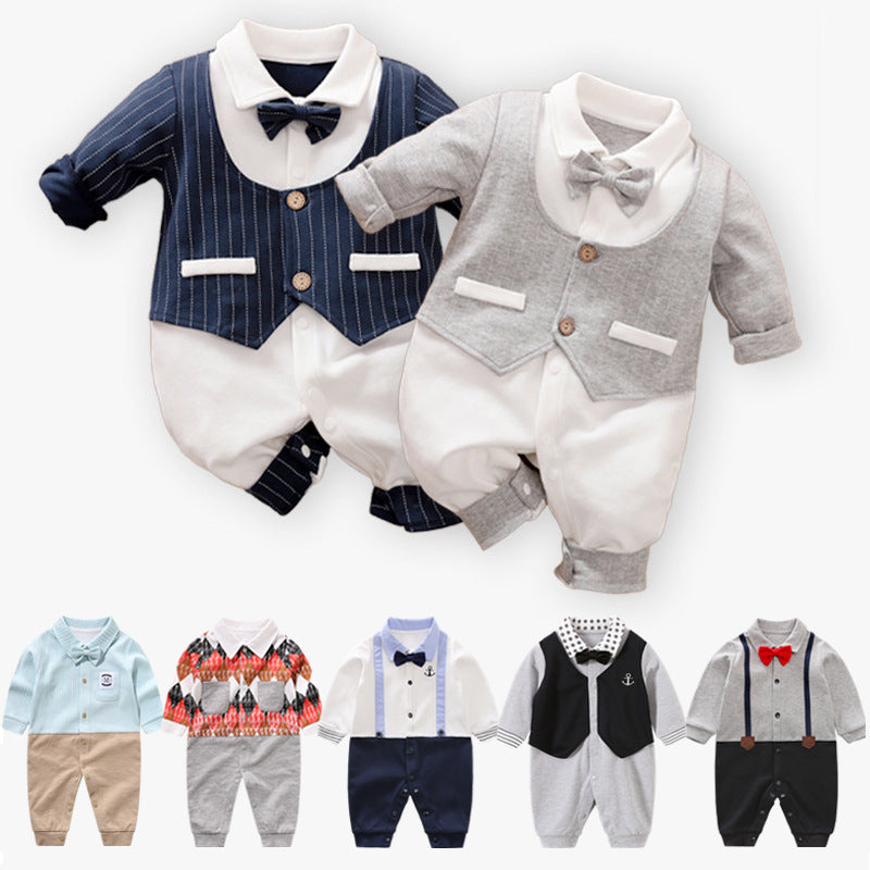 Seven baby romper outfits styled as formal suits, featuring bow ties and various patterns in blue, gray, and colorful designs. Each has long sleeves and buttons.
