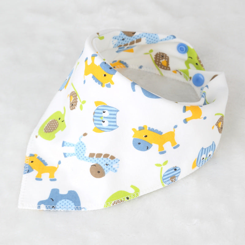 White baby bib with cute animal prints, including horses, owls, and elephants in blue, yellow, and green, fastened with blue snaps on a soft white background.