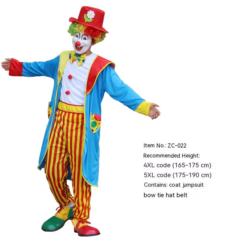 Clown in colorful costume with red hat, rainbow wig, blue coat, white shirt, striped pants, and red shoes. Includes sizing info: 4XL and 5XL, item ZC-022.