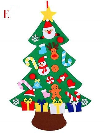 Crafted felt Christmas tree adorned with colorful ornaments including Santa, reindeer, snowman, snowflakes, candy canes, and gifts, highlighted by a yellow star on top.