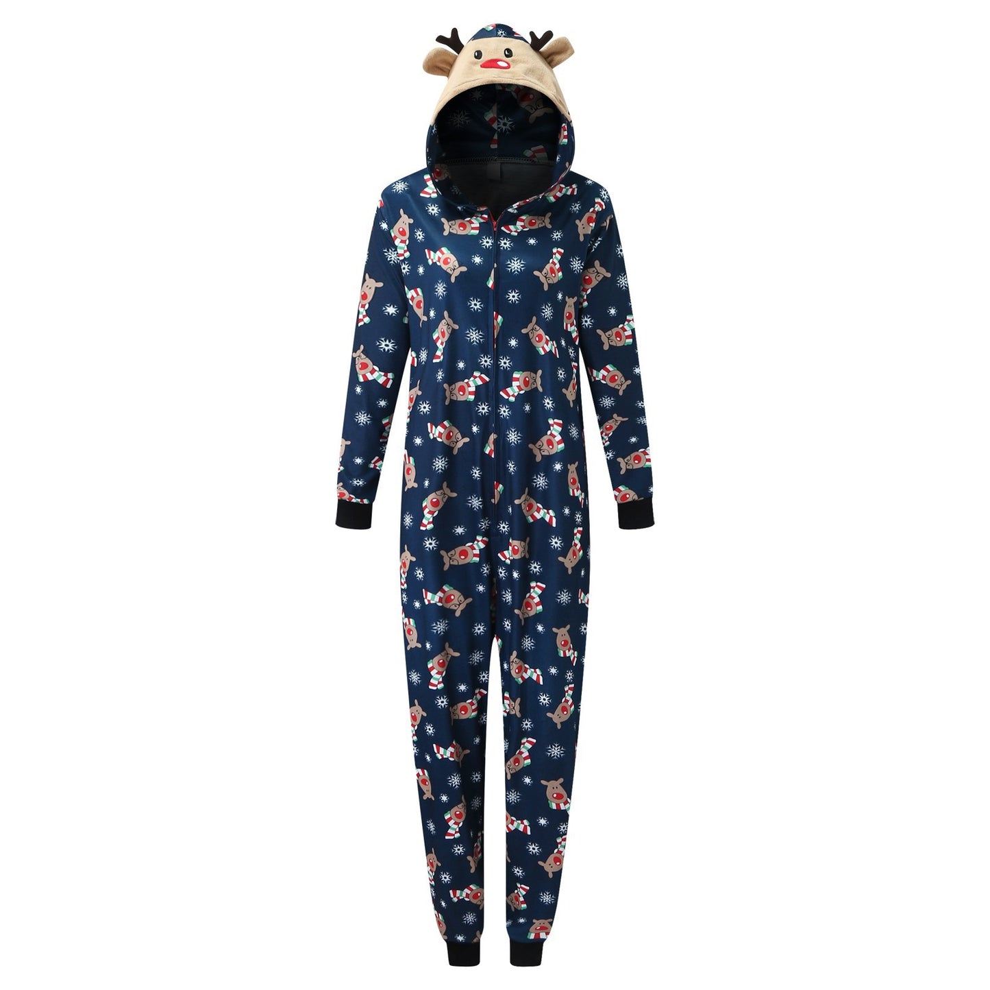 Navy blue reindeer and snowflake patterned onesie with hood featuring reindeer antlers and face. Front zipper and cuffed sleeves and ankles provide a cozy, festive look.