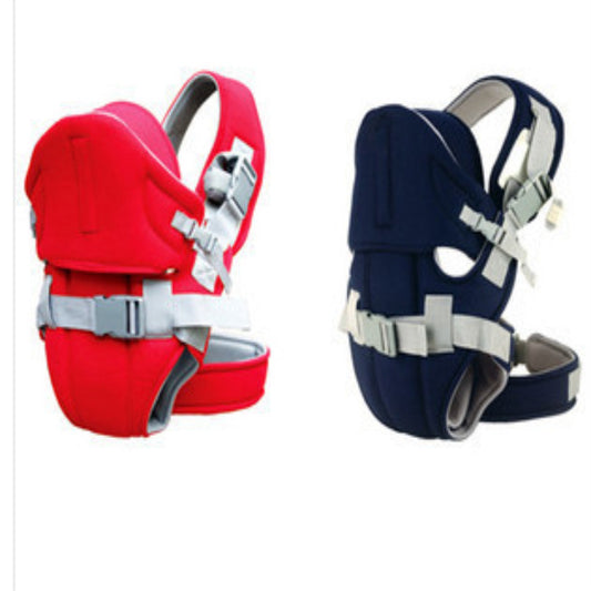 Two baby carriers shown side by side: one red and one navy blue. Both have adjustable straps and padded shoulder harnesses, with gray buckles and secure fastenings.