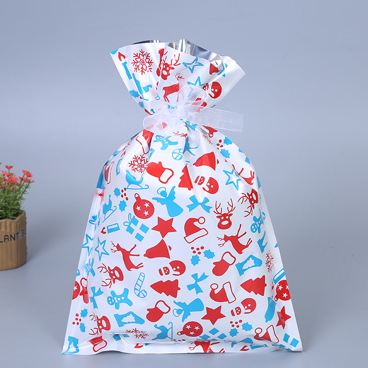 Festive gift bag with red and blue Christmas-themed icons like reindeer, snowflakes, and Santa hats, tied with a sheer ribbon. Small potted plant in the background.