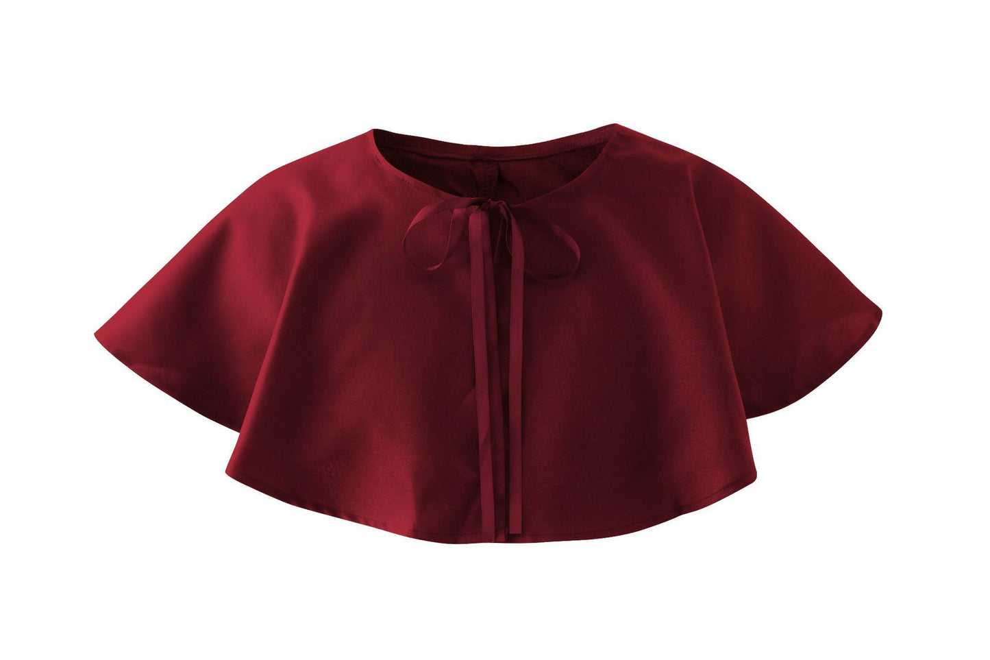 Rich burgundy capelet with wide shoulders and a round neckline, tied at the front with matching ribbons, creating an elegant and vintage-inspired look.