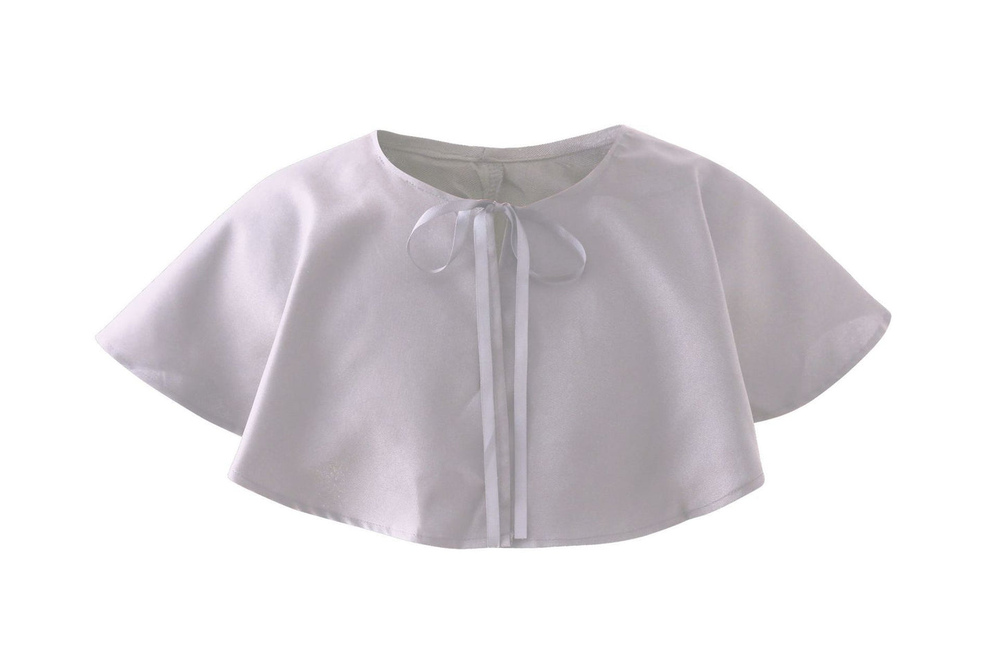 White satin capelet with a round neckline and a front ribbon tie, designed with a smooth, glossy finish.