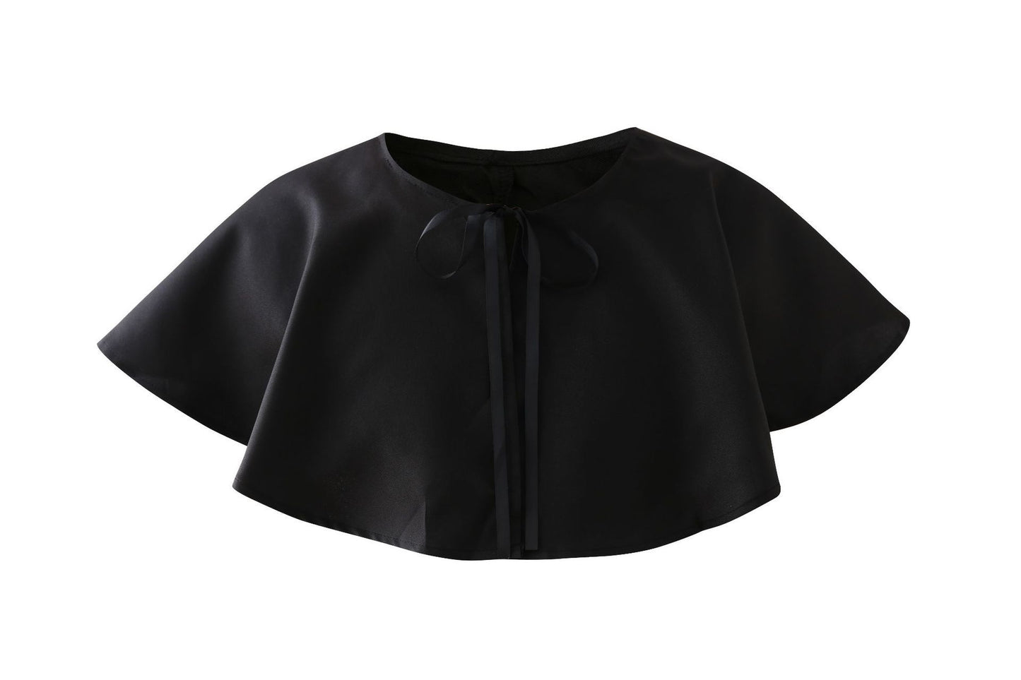 A black satin capelet with a round neckline and ribbon tie closure at the front, featuring wide, flowing sleeves.