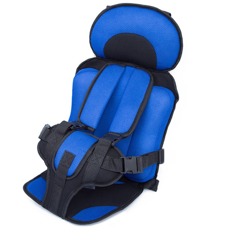 Blue and black child car seat with padded shoulder straps, headrest, and adjustable buckles, designed for safety and comfort.