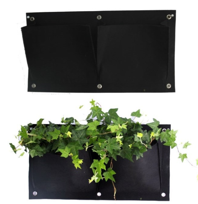 Black fabric wall planter with two pockets, shown empty on top and filled with lush green ivy below. The planter has metal mounting rings on each corner.