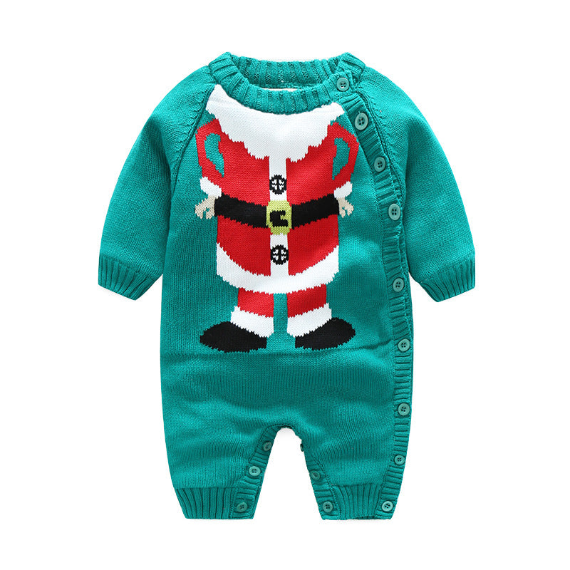 Teal baby romper with a Santa suit design on the front. Features buttons along the right side and around the legs for easy dressing. Perfect for festive occasions.