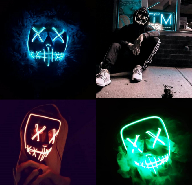 Four images of LED masks with glowing X eyes and stitched mouths. Masks in blue, green, orange, and blue smoke-outlined. One person wearing mask sitting by a window.